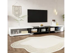 Suporte para TV com comprimento ajustável (140-260 cm), modelo baixo com função giratória, acabamento em mármore, preto.