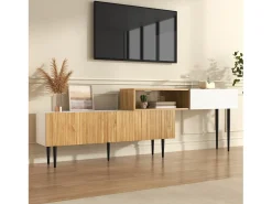 Suporte para TV com comprimento ajustável, design modular em 2 partes, pés de metal, madeira + branco fosco