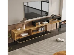 Suporte para TV com comprimento ajustável de 130 a 200 cm, acabamento em mármore PVC, design em camadas, madeira.