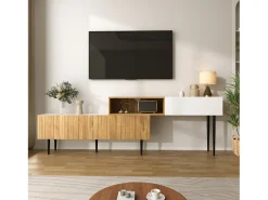 Suporte para TV com comprimento ajustável, design modular em 2 partes, pés de metal, madeira + branco fosco