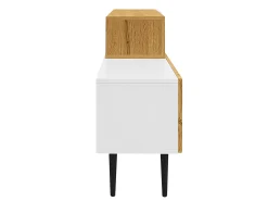 Suporte para TV com comprimento ajustável, design modular em 2 partes, pés de metal, madeira + branco fosco