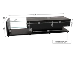 Suporte para TV com divisórias de vidro e iluminação LED regulável, com 2 gavetas e uma prateleira aberta, preto.
