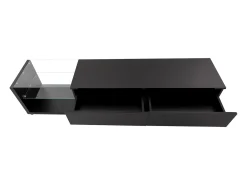Suporte para TV com divisórias de vidro e iluminação LED regulável, com 2 gavetas e uma prateleira aberta, preto.