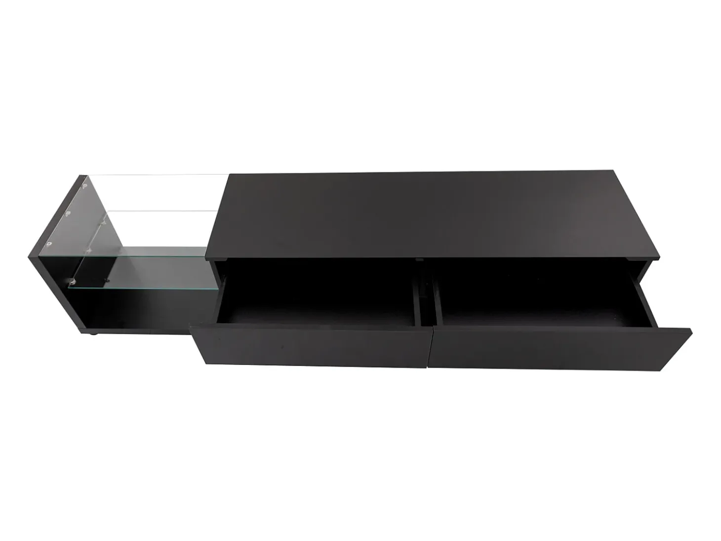 Suporte para TV com divisórias de vidro e iluminação LED regulável, com 2 gavetas e uma prateleira aberta, preto.