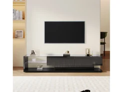 Suporte para TV com divisórias de vidro e iluminação LED regulável, com 2 gavetas e uma prateleira aberta, preto.