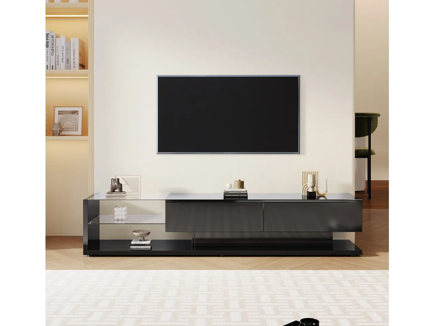 Suporte para TV com divisórias de vidro e iluminação LED regulável, com 2 gavetas e uma prateleira aberta, preto.