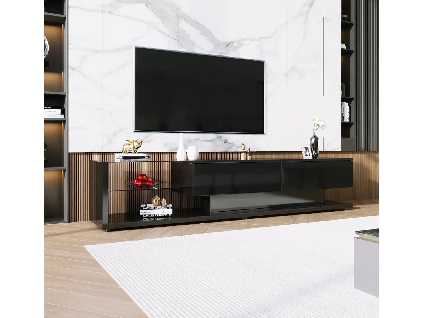 Suporte para TV com divisórias de vidro e iluminação LED regulável, com 2 gavetas e uma prateleira aberta, preto.