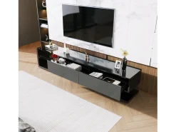Suporte para TV com divisórias de vidro e iluminação LED regulável, com 2 gavetas e uma prateleira aberta, preto.