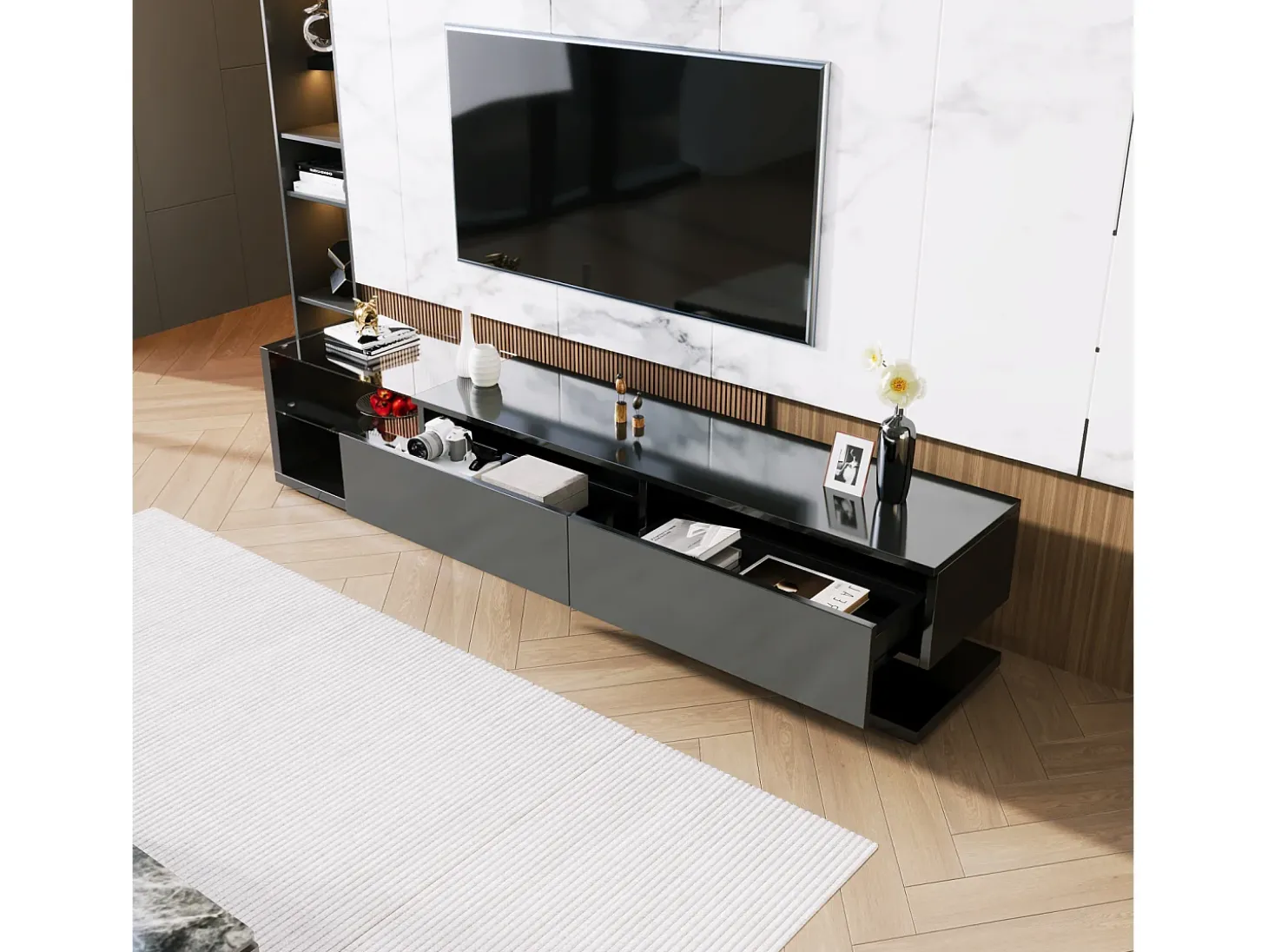 Suporte para TV com divisórias de vidro e iluminação LED regulável, com 2 gavetas e uma prateleira aberta, preto.