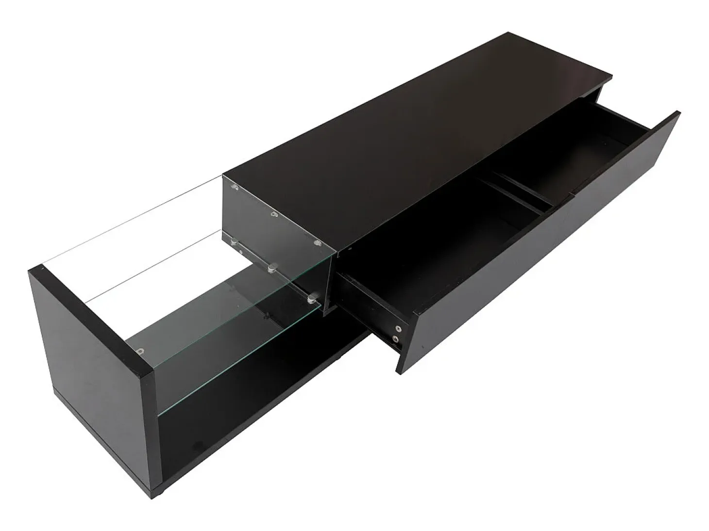 Suporte para TV com divisórias de vidro e iluminação LED regulável, com 2 gavetas e uma prateleira aberta, preto.