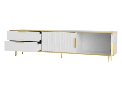 Suporte para TV com espaço de armazenamento, 2 portas e 2 gavetas, suporte baixo para TV, pés e puxadores dourados, branco