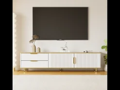 Suporte para TV com espaço de armazenamento, 2 portas e 2 gavetas, suporte baixo para TV, pés e puxadores dourados, branco