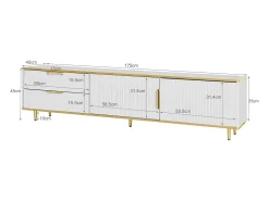 Suporte para TV com espaço de armazenamento, 2 portas e 2 gavetas, suporte baixo para TV, pés e puxadores dourados, branco