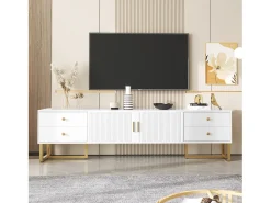 Suporte para TV com espaço de armazenamento, 2 portas e 4 gavetas, suporte baixo para TV, pés e puxadores dourados, branco