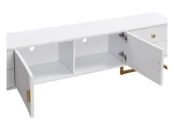Suporte para TV com espaço de armazenamento, 2 portas e 4 gavetas, suporte baixo para TV, pés e puxadores dourados, branco