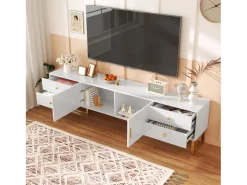 Suporte para TV com espaço de armazenamento, 2 portas e 4 gavetas, suporte baixo para TV, pés e puxadores dourados, branco