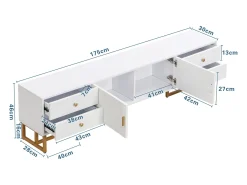 Suporte para TV com espaço de armazenamento, 2 portas e 4 gavetas, suporte baixo para TV, pés e puxadores dourados, branco