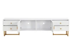 Suporte para TV com espaço de armazenamento, 2 portas e 4 gavetas, suporte baixo para TV, pés e puxadores dourados, branco
