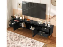 Suporte para TV com espaço de armazenamento, 2 portas e 4 gavetas, suporte baixo para TV, pés e puxadores dourados, preto