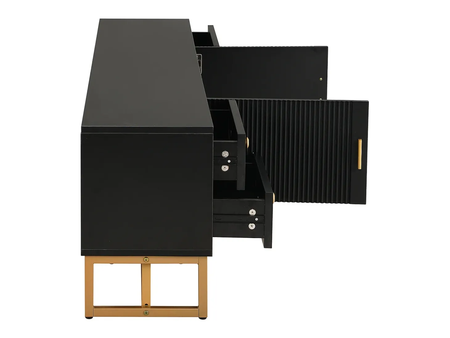 Suporte para TV com espaço de armazenamento, 2 portas e 4 gavetas, suporte baixo para TV, pés e puxadores dourados, preto