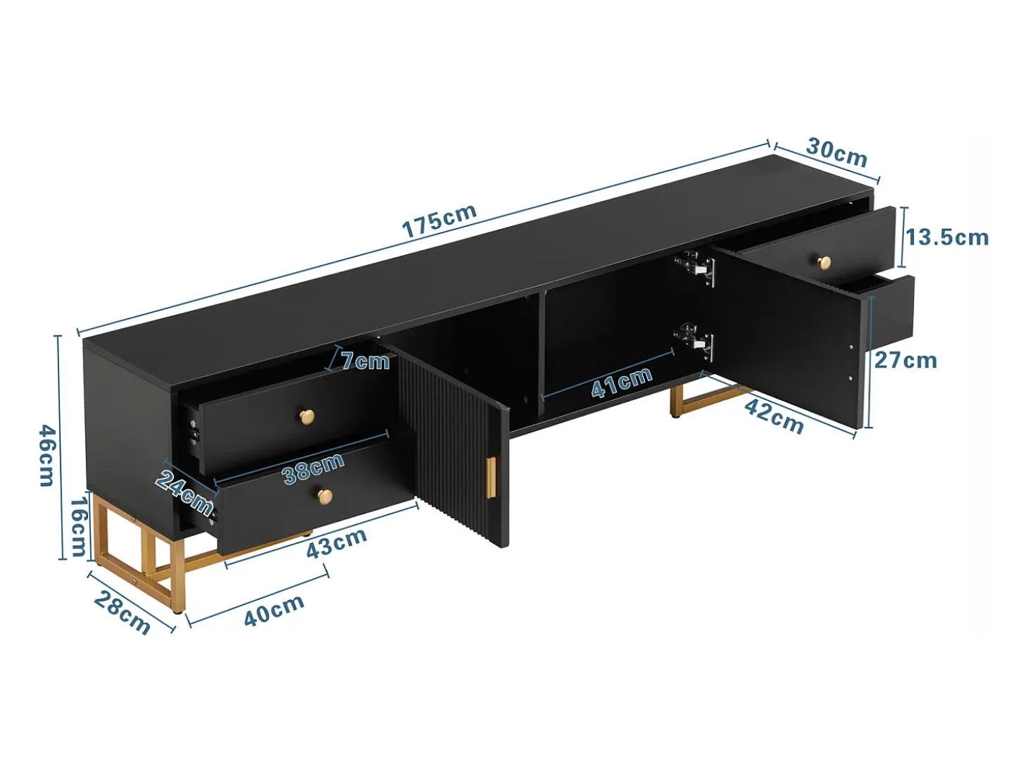 Suporte para TV com espaço de armazenamento, 2 portas e 4 gavetas, suporte baixo para TV, pés e puxadores dourados, preto