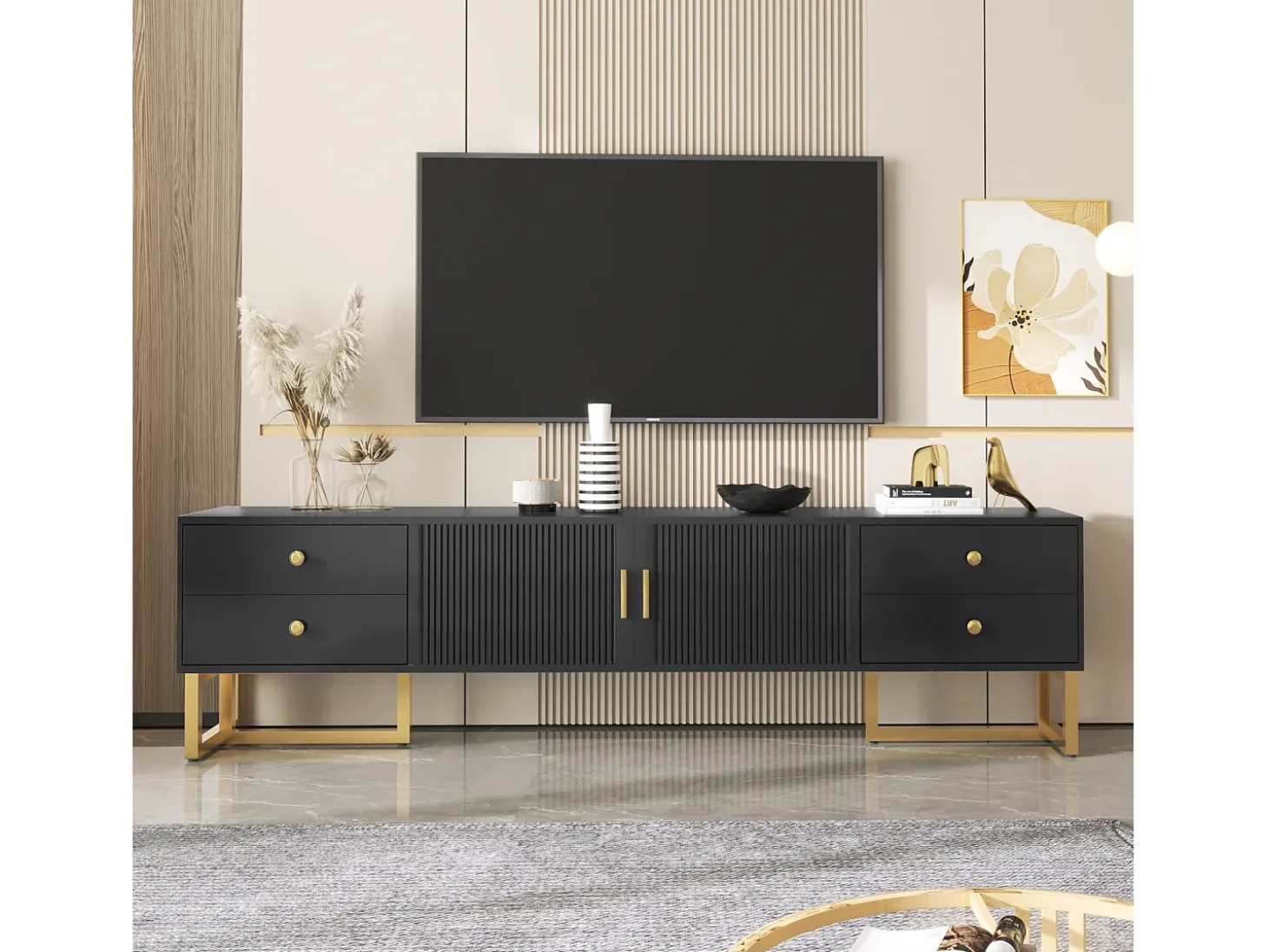 Suporte para TV com espaço de armazenamento, 2 portas e 4 gavetas, suporte baixo para TV, pés e puxadores dourados, preto