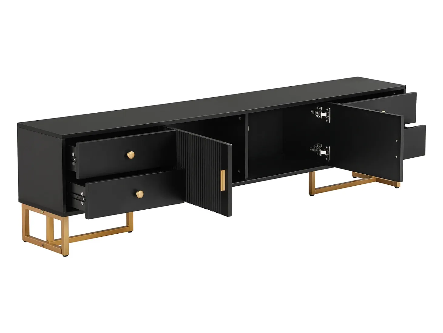 Suporte para TV com espaço de armazenamento, 2 portas e 4 gavetas, suporte baixo para TV, pés e puxadores dourados, preto