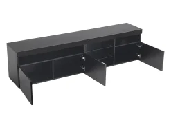 Suporte para TV com espaço de armazenamento, 3 portas e 2 prateleiras de vidro, com iluminação LED ajustável, preto.