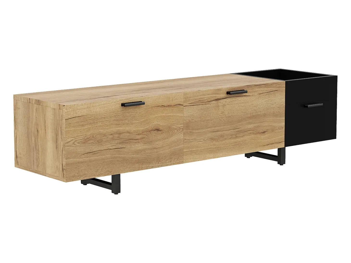 Suporte para TV com iluminação LED, 2 gavetas e uma porta - Pés em metal preto - Acabamento em madeira e preto