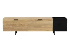 Suporte para TV com iluminação LED, 2 gavetas e uma porta - Pés em metal preto - Acabamento em madeira e preto