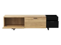 Suporte para TV com iluminação LED, 2 gavetas e uma porta - Pés em metal preto - Acabamento em madeira e preto