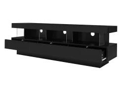 Suporte para TV com iluminação LED, 3 gavetas e 3 prateleiras em vidro - Laca preta brilhante