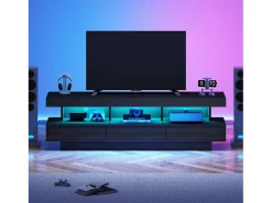 Suporte para TV com iluminação LED, 3 gavetas e 3 prateleiras em vidro - Laca preta brilhante