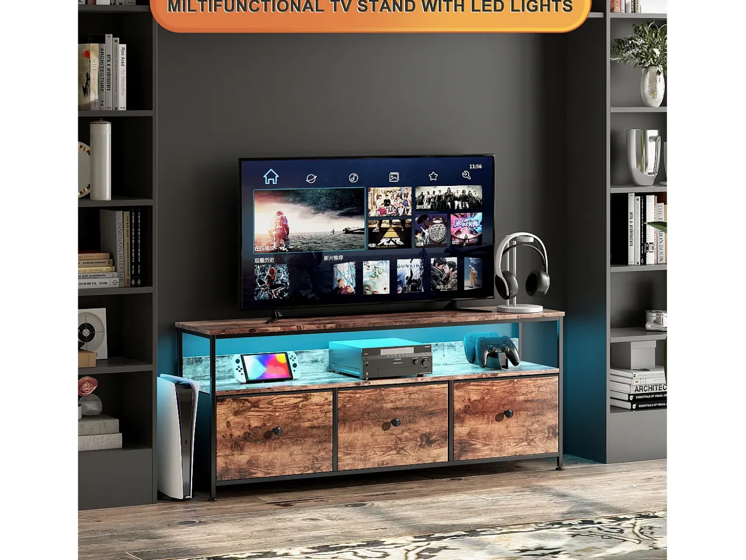Suporte para TV com iluminação LED, com 3 gavetas - compartimentos abertos - para sala de estar - Marrom, 108 x 29,8 x 57 cm