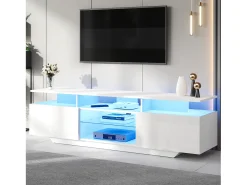 Suporte para TV com iluminação LED, 2 portas e prateleiras em vidro - acabamento brilhante - Branco