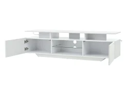 Suporte para TV com iluminação LED, 2 portas e prateleiras em vidro - acabamento brilhante - Branco