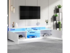 Suporte para TV com iluminação LED, 2 portas e prateleiras em vidro - acabamento brilhante - Branco