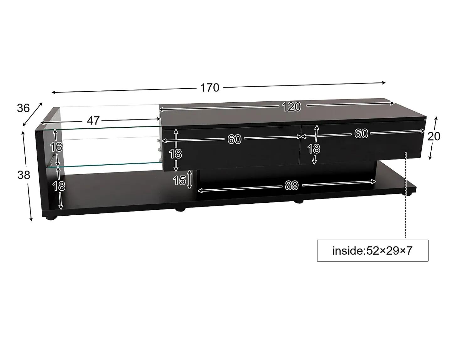 Suporte para TV com iluminação LED, 2 gavetas e 2 prateleiras em vidro - Preto