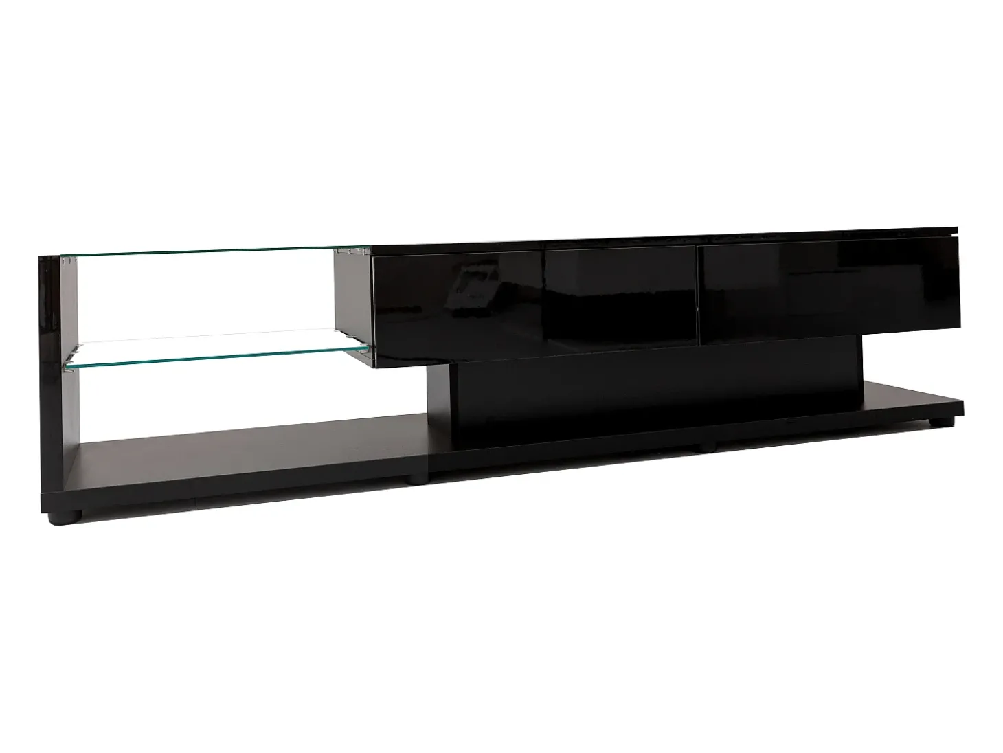 Suporte para TV com iluminação LED, 2 gavetas e 2 prateleiras em vidro - Preto