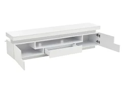 Suporte para TV com iluminação LED, 2 portas em forma de L e uma gaveta - acabamento brilhante - Branco