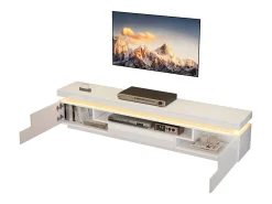 Suporte para TV com iluminação LED, 2 portas em forma de L e uma gaveta - acabamento brilhante - Branco