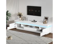 Suporte para TV com iluminação LED, 2 portas em forma de L e uma gaveta - acabamento brilhante - Branco