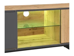 Suporte para TV com iluminação LED, 3 portas e gaveta - Pés em metal - Tons claros em tons de natural e cinza