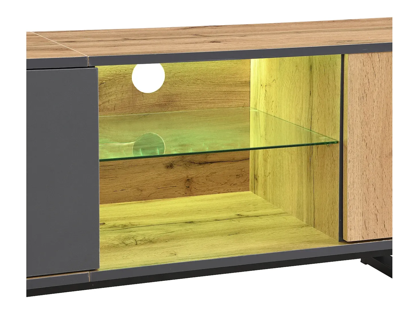 Suporte para TV com iluminação LED, 3 portas e gaveta - Pés em metal - Tons claros em tons de natural e cinza
