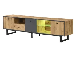 Suporte para TV com iluminação LED, 3 portas e gaveta - Pés em metal - Tons claros em tons de natural e cinza