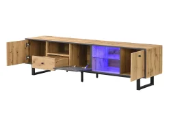 Suporte para TV com iluminação LED, 3 portas e gaveta - Pés em metal - Tons claros em tons de natural e cinza
