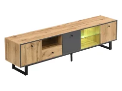 Suporte para TV com iluminação LED, 3 portas e gaveta - Pés em metal - Tons claros em tons de natural e cinza