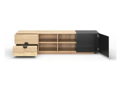 Suporte para TV com iluminação LED, 2 gavetas e uma porta - Cor: Madeira e preto