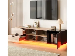 Suporte para TV com iluminação LED, 2 gavetas e uma porta - Cor: Madeira e preto