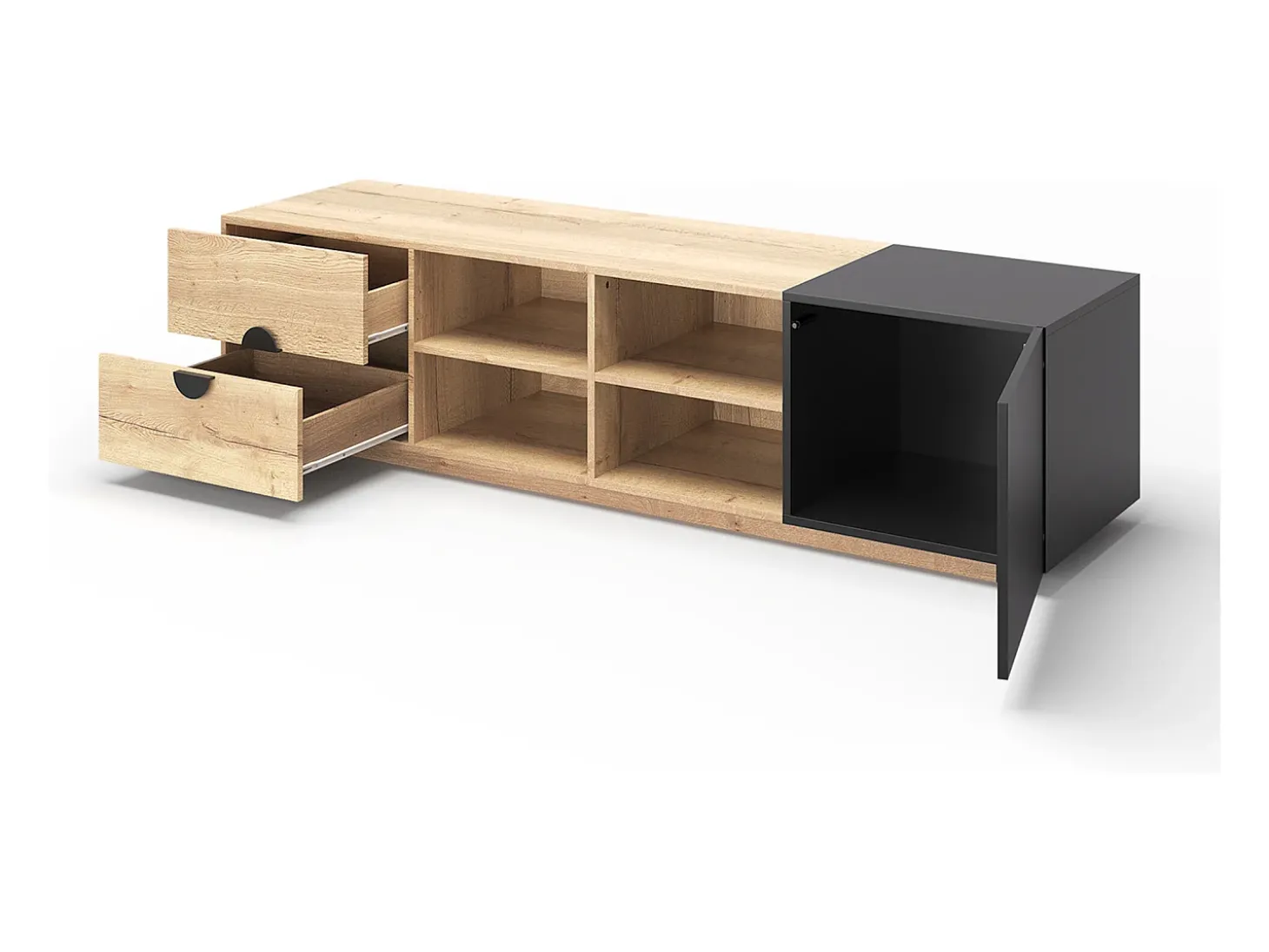Suporte para TV com iluminação LED, 2 gavetas e uma porta - Cor: Madeira e preto